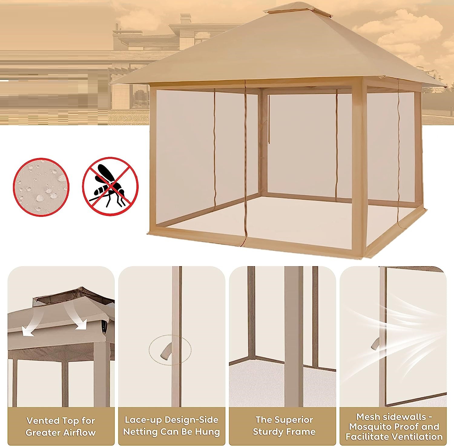 Pop Up Gazebo Mosquito Nettings, Outdoor Canopy Shelter Garden Lawn Backyard, Patio Cover Outdoor Gazebo Pergol