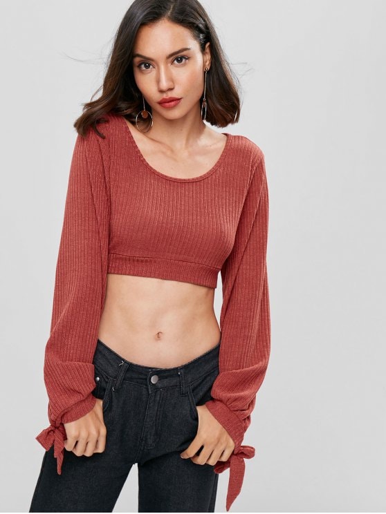 Open Back Knotted Cut Out Long Sleeve Knit Top Women