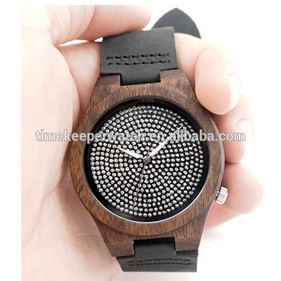 Black Natural Bamboo Wooden Watch Genuine Brown Leather Strap Full Diamond Dial Japanese Quartz Movement Men Casual Watch