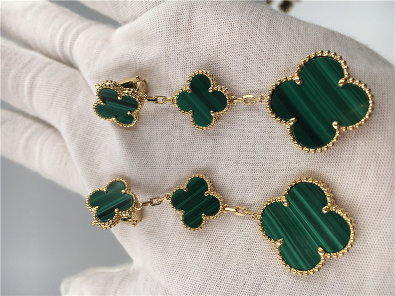 Paris Luxury Gold Brand VCA Magic Alhambra earrings 3 motifs malachite 18K yellow gold jewelry