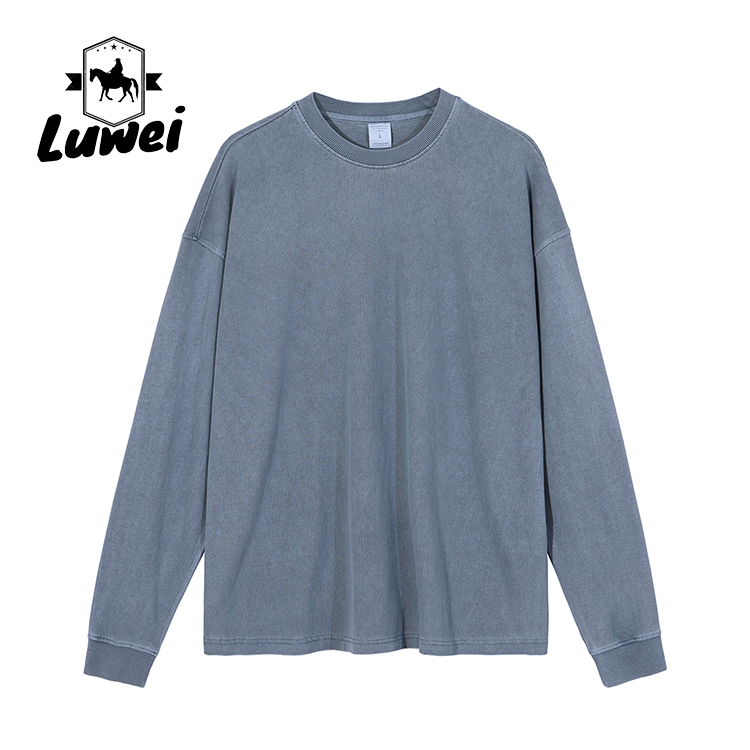 Long Sleeve Heavyweight Cotton Hoodie Grey Crew Neck Vintage Man Sweatshirts
