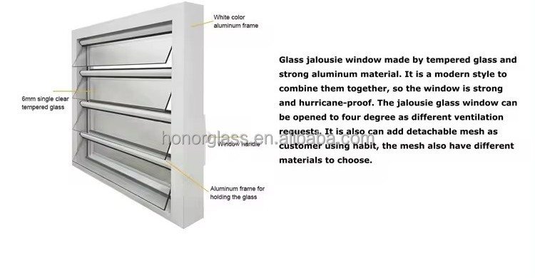 Aluminium Fixed Louver Glass Window Tempered Glass Manual Operation Custom