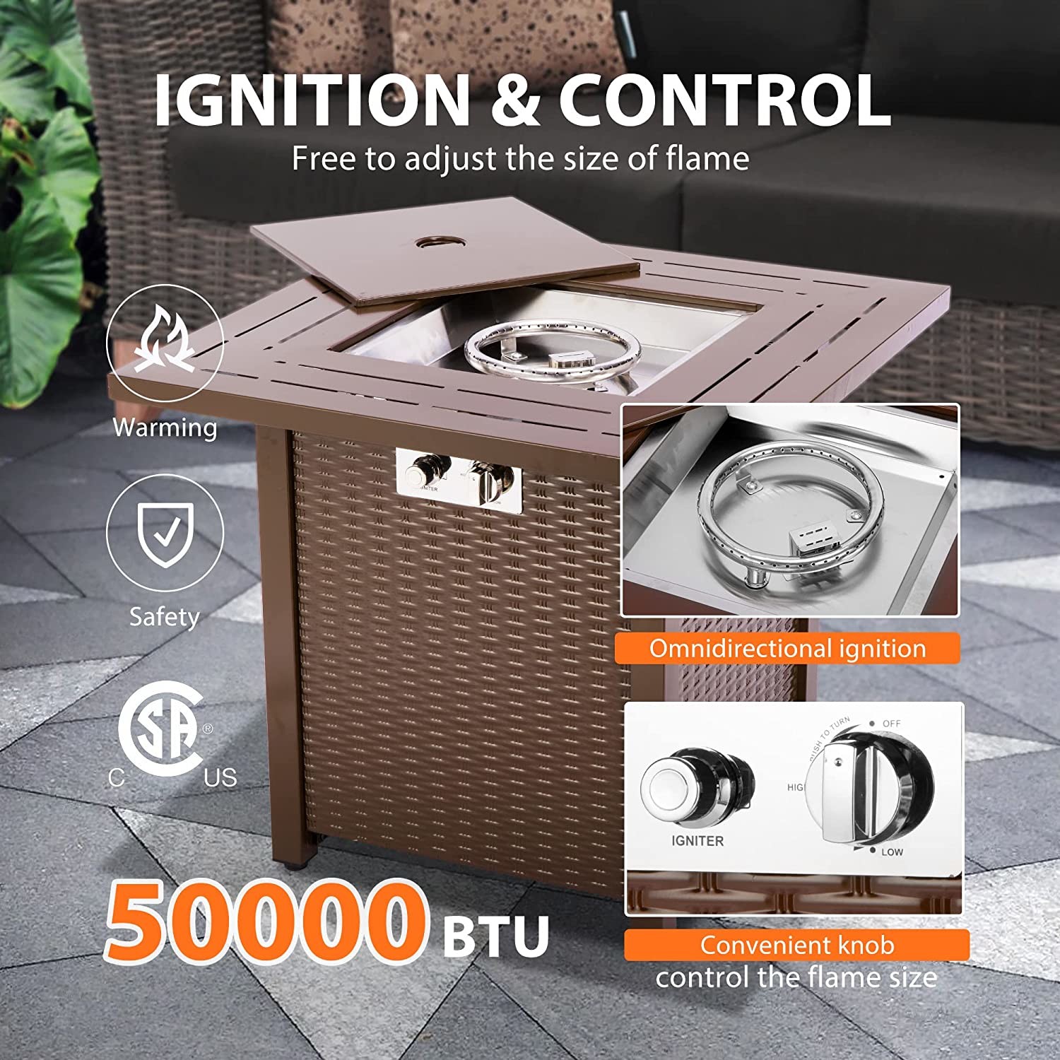 28 Inch 50,000 BTU Small Portable Propane Fire Pit With Lava Stone Wicker Look
