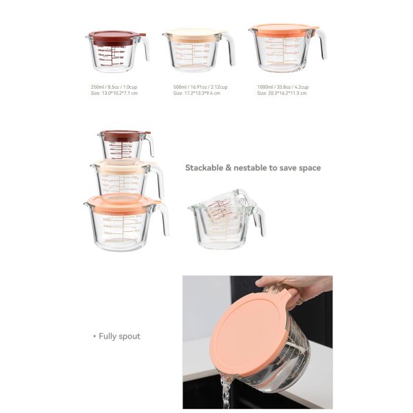 IKOO 3 pcs glass measuring cups set with lids set 1-Cup, 2-cup, 4-cup measuring jugs with handle, nesting liquid measuring cups for kitchen