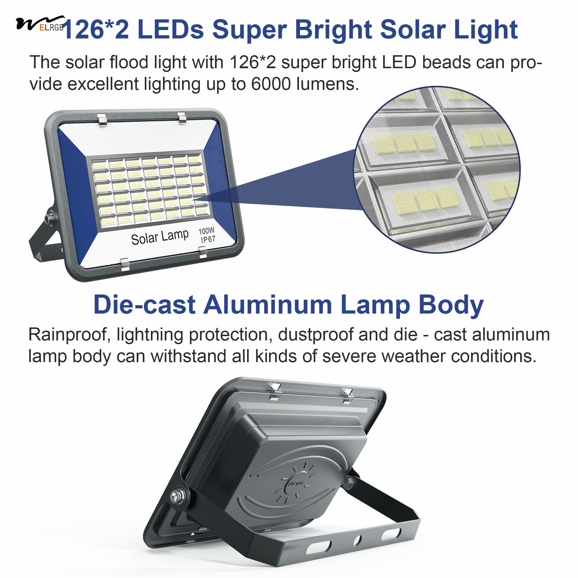 50000 Hours Working Time Solar Floodlight 100W with Remote Control LED IP67 Waterproof