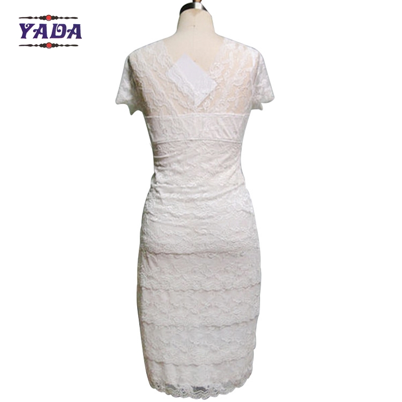 Fashion lace v-neck short sleeve elegant women ladies white dress for mature woman