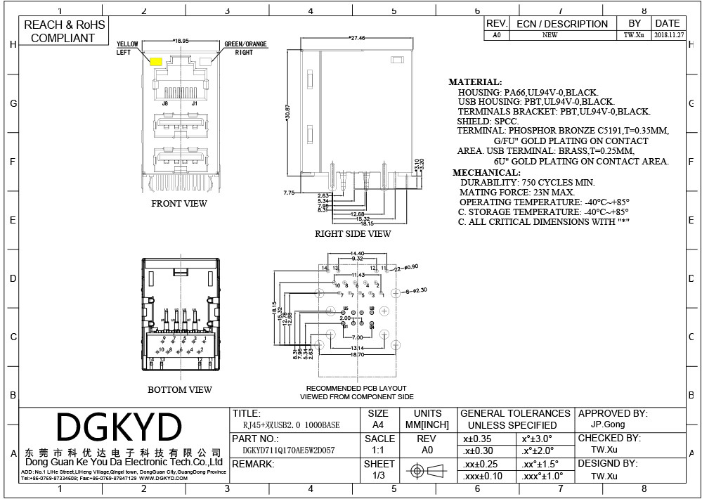 DGKYD711Q170AE5W2D057 Integrated Tab Up Double USB 2.0 RJ45 Network Connector For PCMCIA Net Card