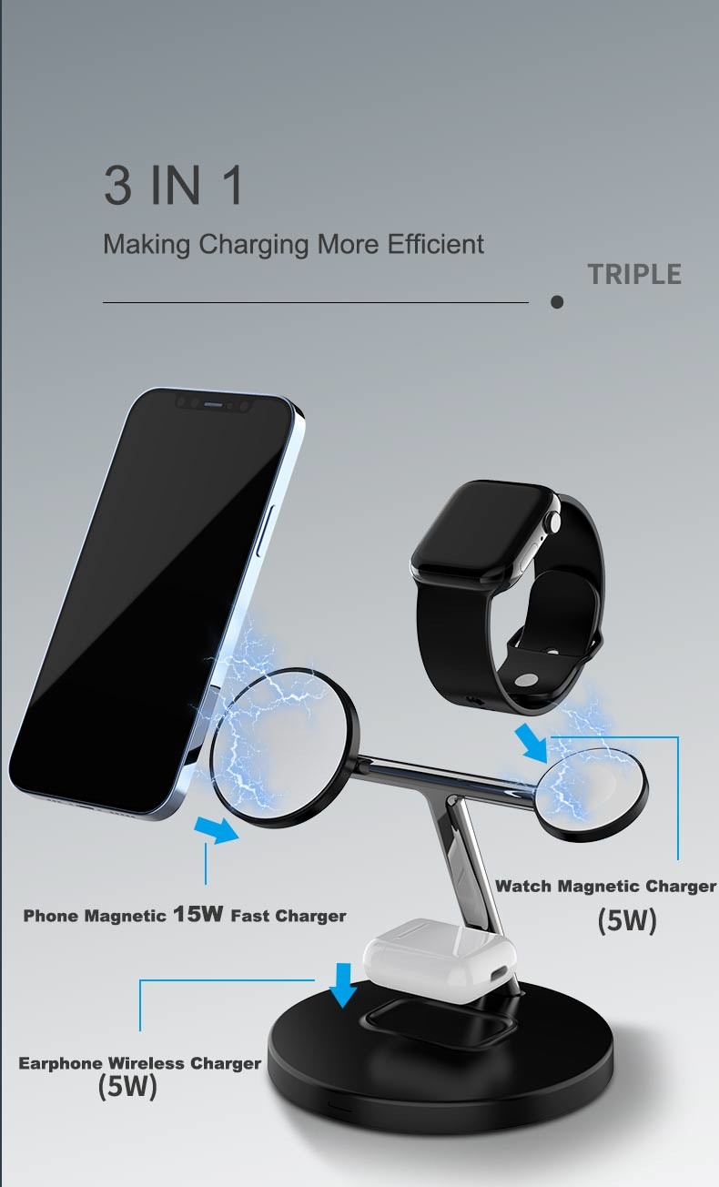 Fast 3 In 1 Wireless Charger 15W Magnetic Wireless Charging Stand
