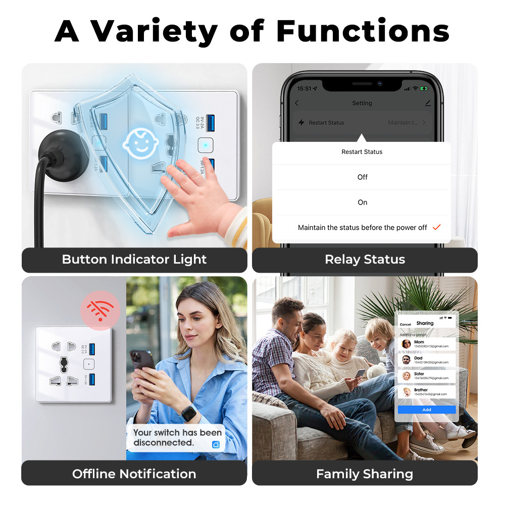 Tuya Wifi Wall Smart Socket Tempered Glass Fast Charger 3.0 USB Smart Home Automation Google Home Alexa Universal US EU UK Plug