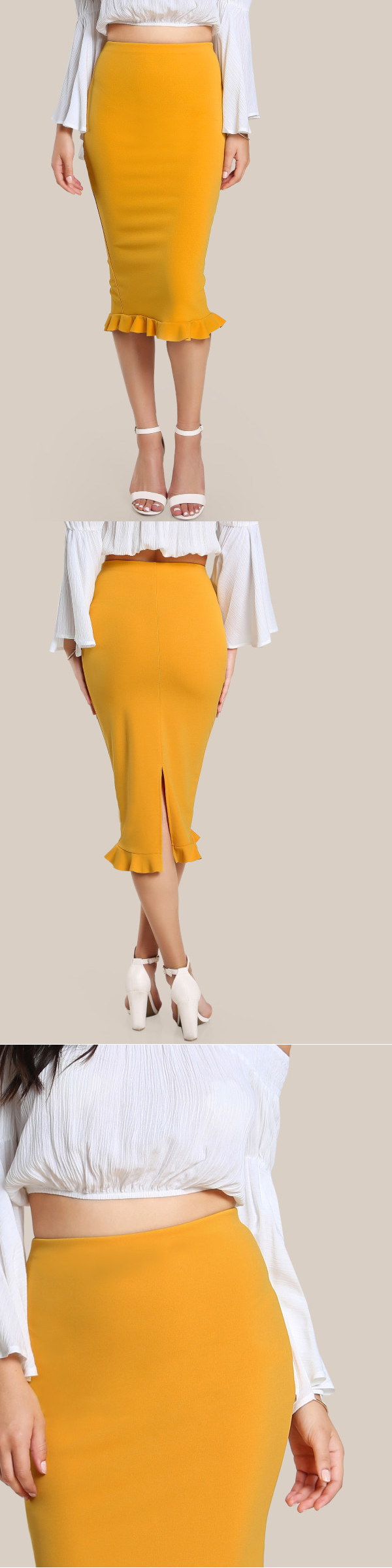 Fashion 2018 Yellow Package Hip Pencil Office Skirts Women