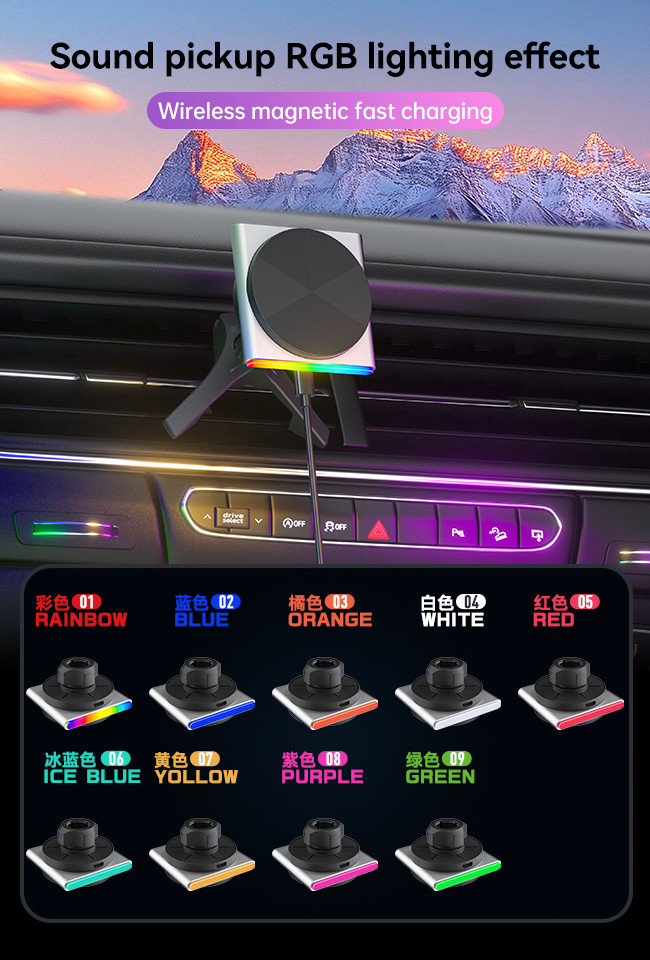 Metal Magsafe Wireless Charger For Cars 9-Color RGB Light Effect One-Hand Operation 360-Degree Rotation