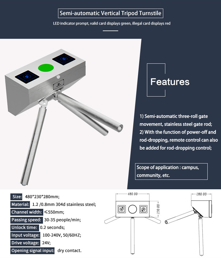 Three Roller Tripod Turnstile Gate Two Way Opening Wall Mounted Type