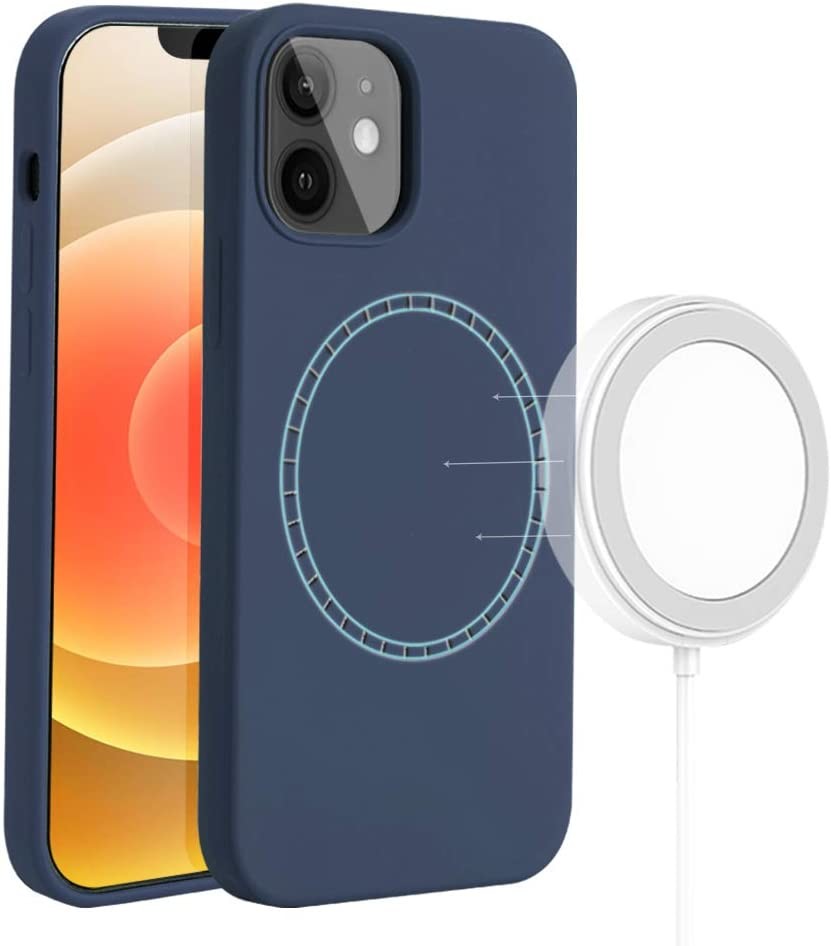 Full Protective Liquid Silicone iPhone 12 Case Built in Magnetic Ring (Supports MagSafe Wireless Charging) (Blue))