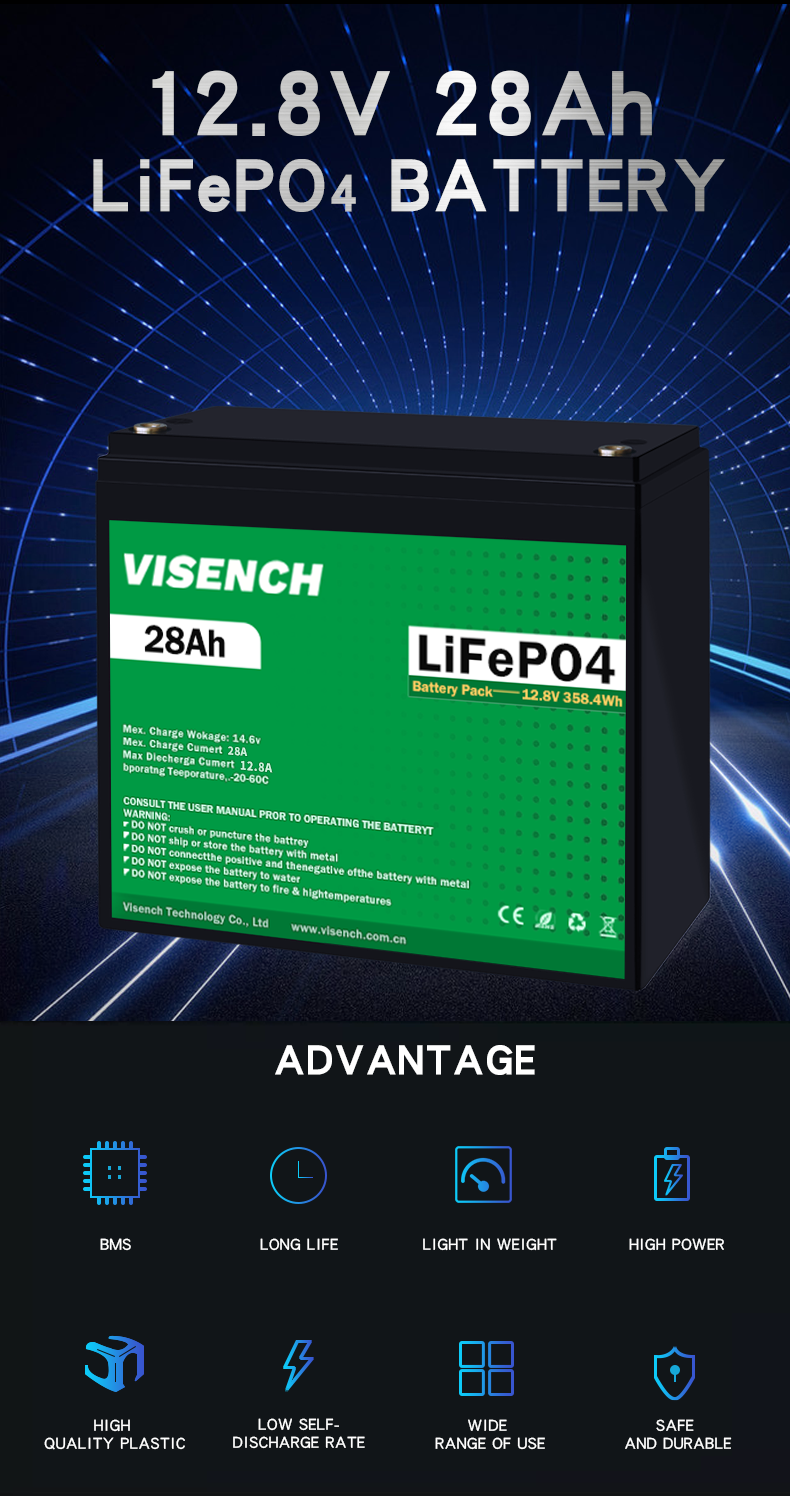 Visench 12.8V Lifepo4 Battery 12V 28Ah Lithium Iron Battery Pack Deep Cycle Times