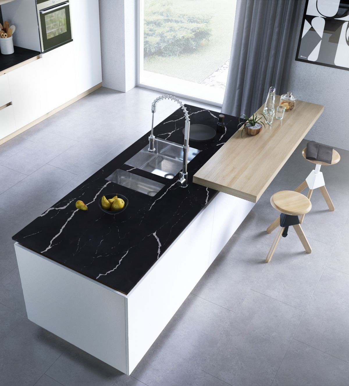 Black 15MM Calacatta Quartz Stone Lightning Patterned Quartz Slab
