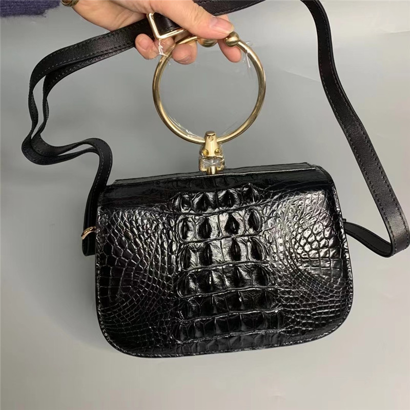 Genuine Alligator Leather Round Handle Female Small Handbag Lady Saddle Purse Exotic Crocodile Skin Women Shoulder Bag