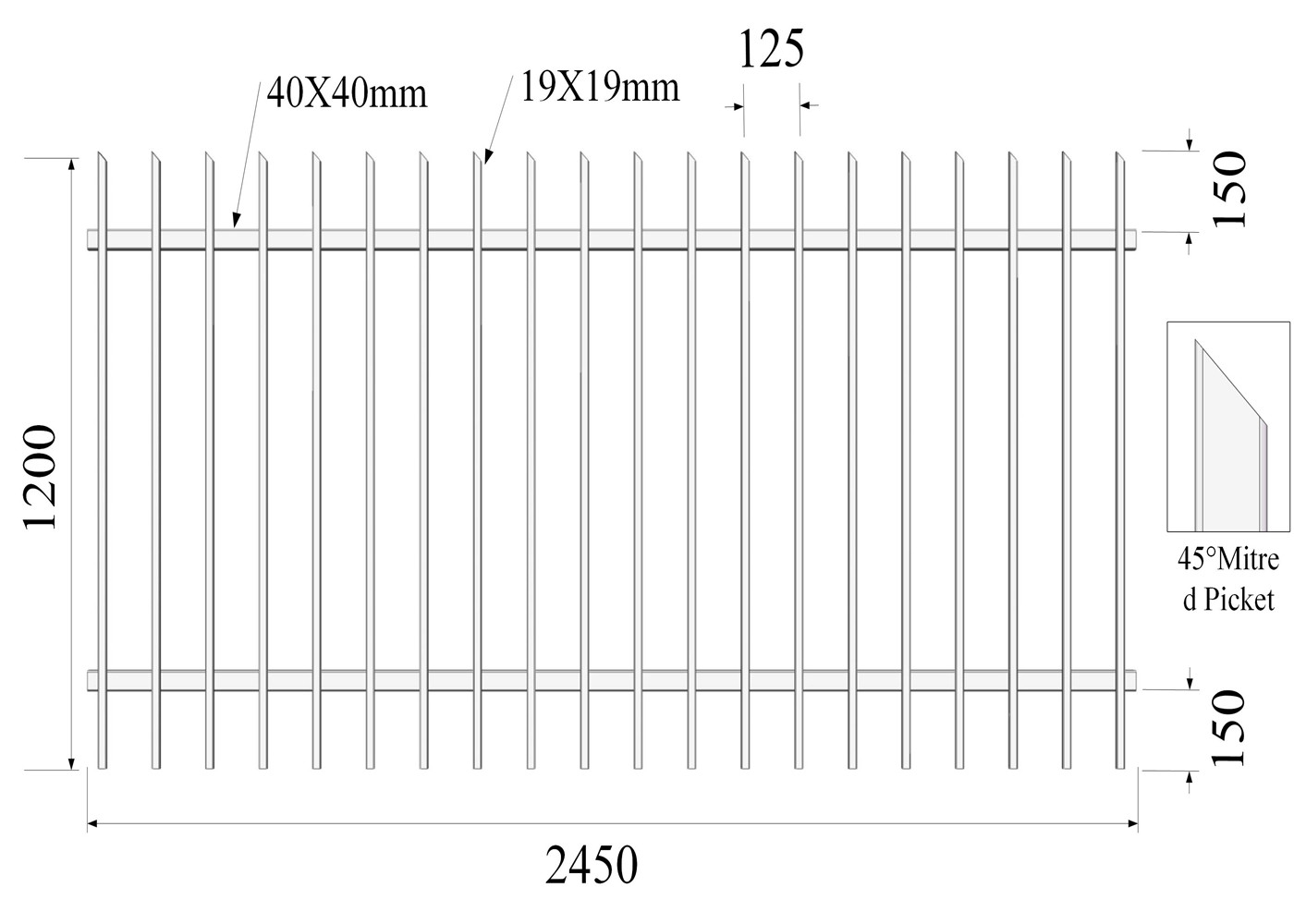 H1200mmxW2450mm Hercules Fence Panels 45 mitred Picket 19mm*19mm Rail 40mmx40mm x 2
