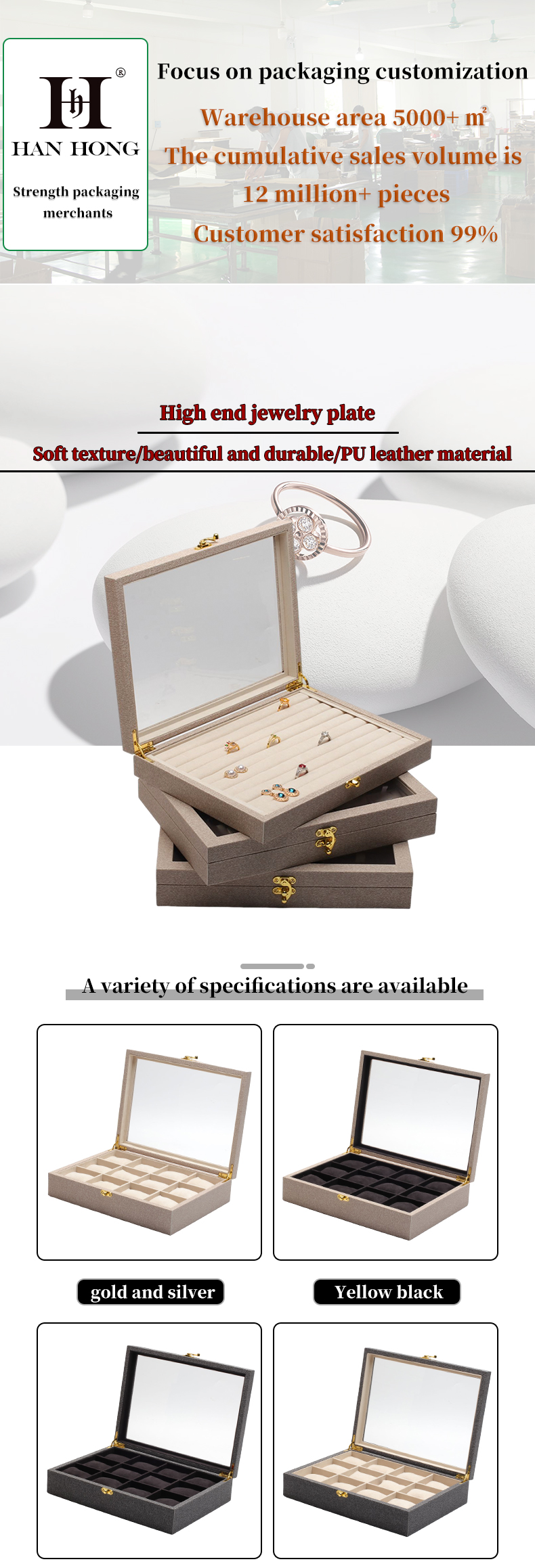 Multiple Cells Jewelry Display Plate Transparent Cover Leather Jewelry Display Tray