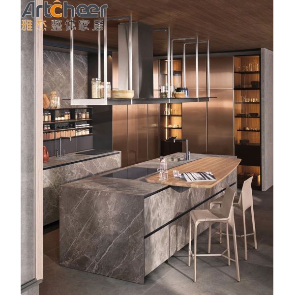 Laminated Stone Finish Kitchen Cabinet with Sintered Stone Island and Eco-Friendly Plywood L Shape Cabinet