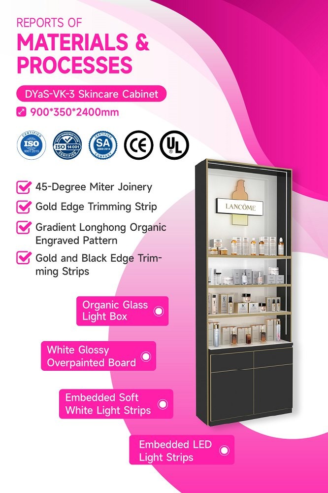 DYaS-VK-3 Skincare Display Cabinet with 40mm Acrylic Lightbox and Gold Edging
