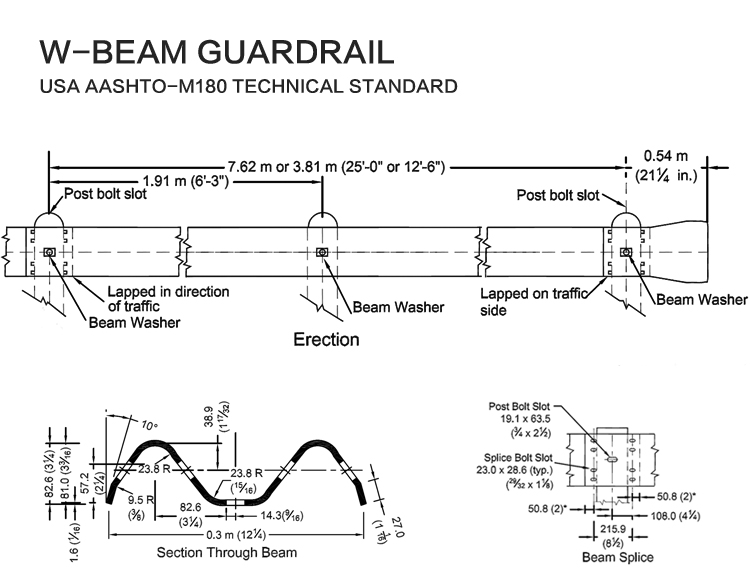 Road Safety Barrier with Q235 Q345 Steel Material and AASHTO M-180 Standard