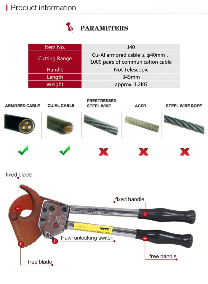 Customized Support 75mm Ratchet Aluminum Cable Cutter with Not Rated Jaw Surface