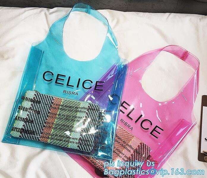 printed handle pvc bag pvc plastic bag, Stand up gift wine bottle packing recyclable PVC loop handle plastic bag, top se