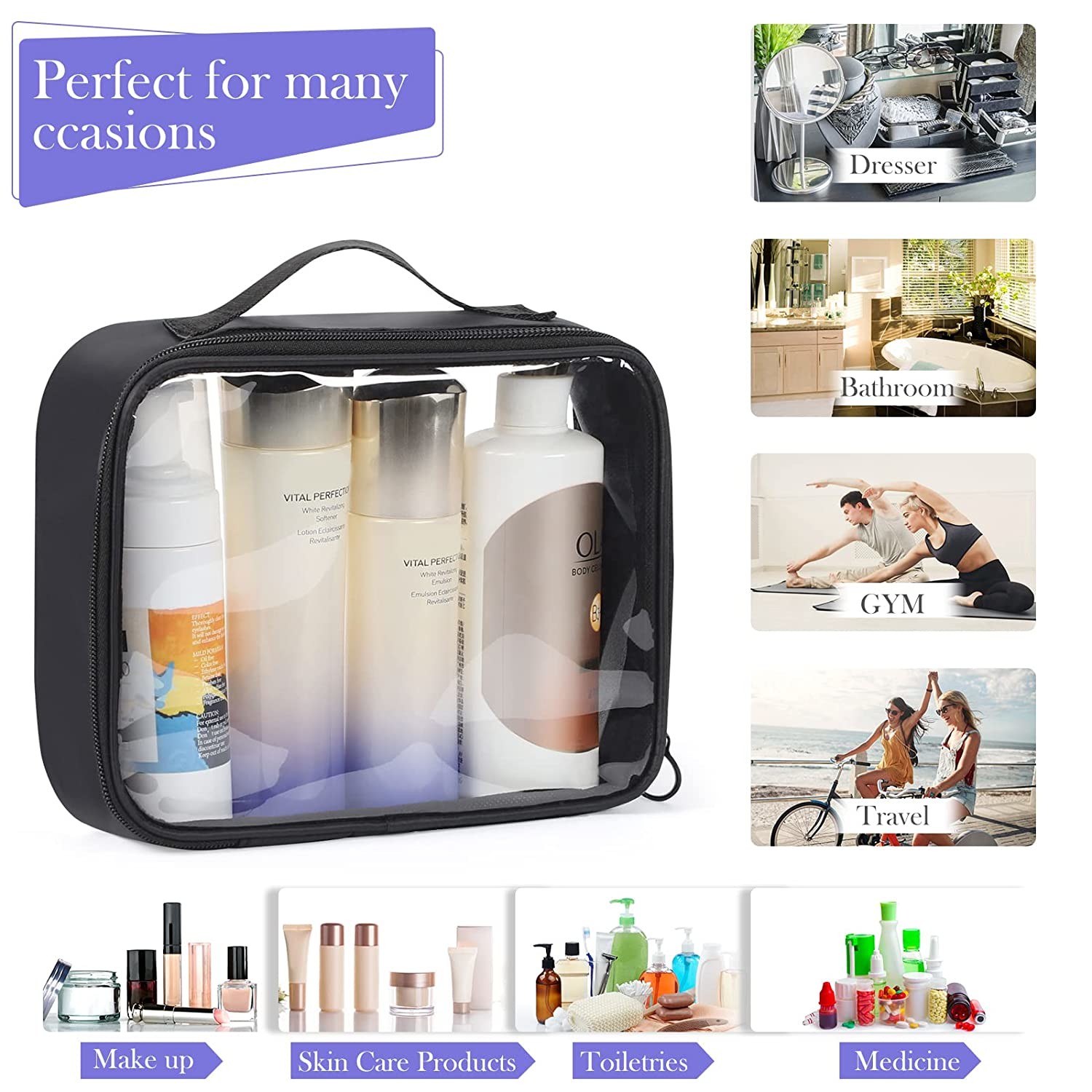 Clear Makeup Bag, 2Pcs Toiletry Bag Large Air Travel Cosmetic Bag Quart Size PVC Travel Toiletries Bag for Women Men