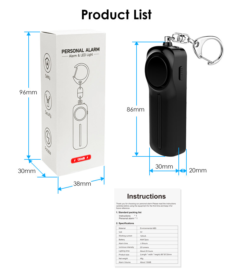 Anti Attack Rape Personal Security Alarms Keyring 130db with AAA battery