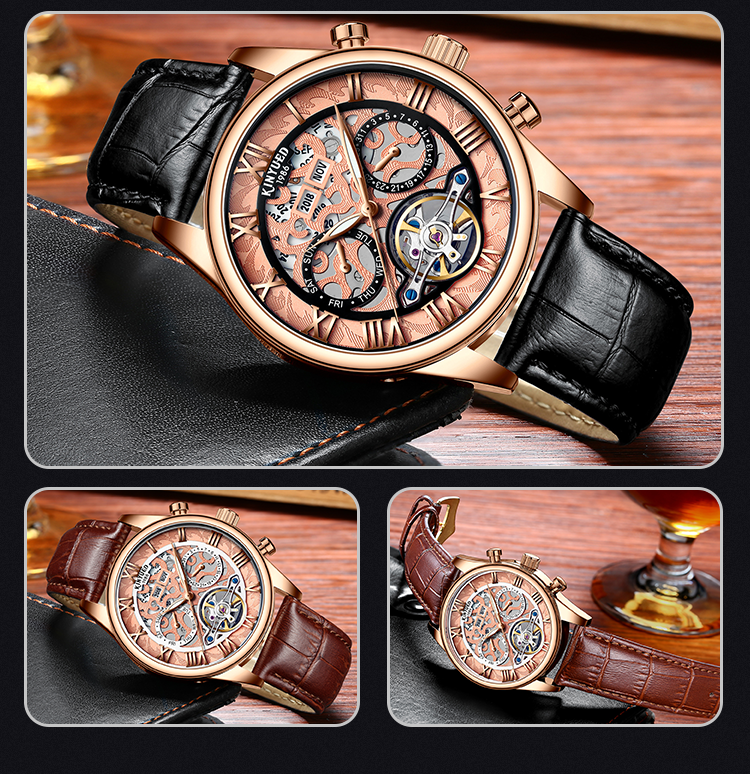 KINYUED genuine leather tourbillon mens automatic watch skeleton mechanical watch luminous watch