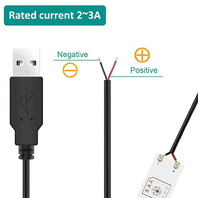 5V USB to Open Stripped Tinned Bare Wires End Pigtail Power Charger Cable for LED Strip Light Lamp