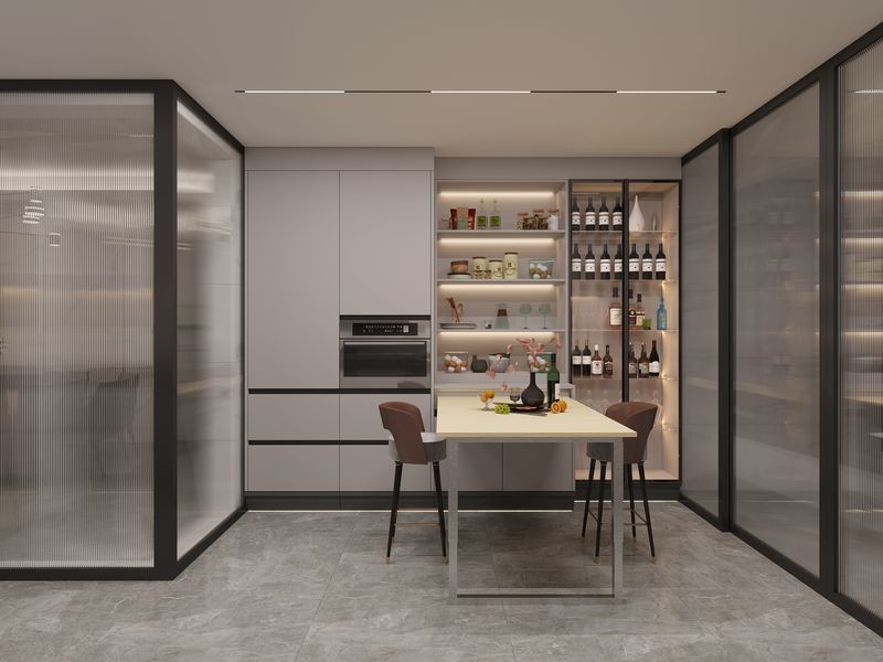 Elegant Grey Stainless Steel Kitchen Cabinet With Wine Storage And Extendable Table