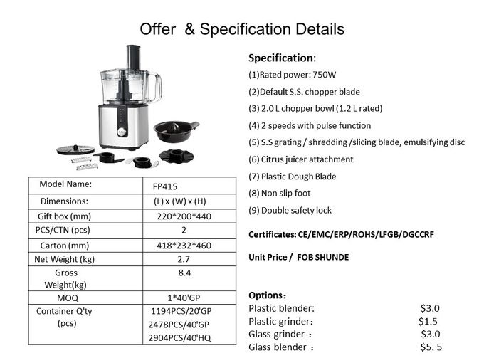 750W 2.0L FP415 Stainless steel compact food processor