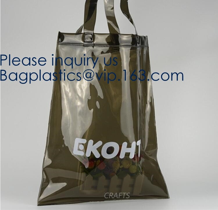 Waterproof All Over Printing PVC Coating Tote Shoulder Fabric Shopping Bag With Gusset And Lining,Jelly Clear Plastic PV