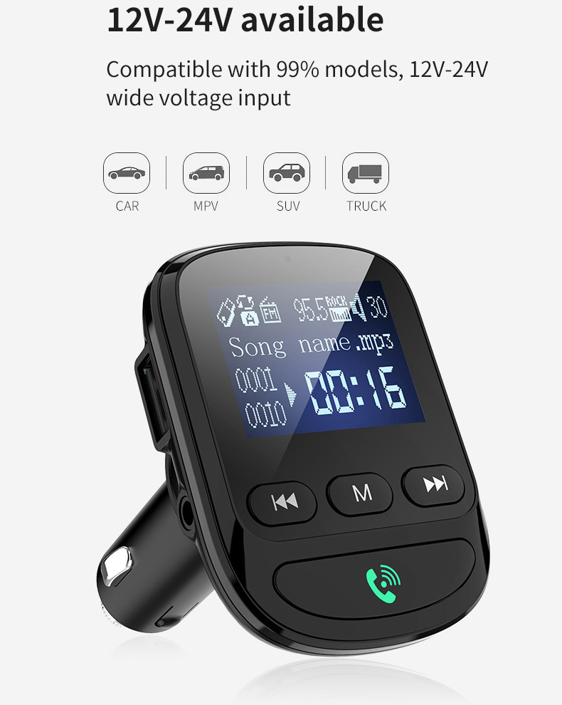 1.44inch LCD FM Transmitter Bluetooth Car Kit BLE5.0 Car Charger Bluetooth Adapter