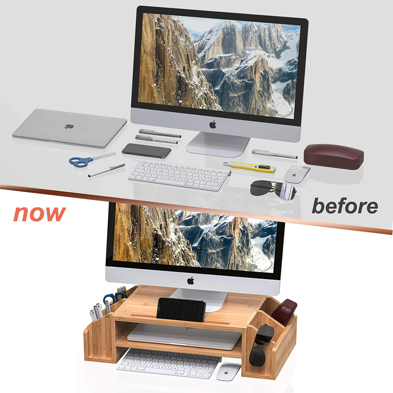 Computer Desk Organizer with Storage Bins Double Layer Bamboo Design OEM/ODM Accepted