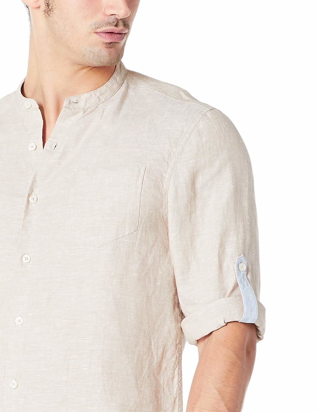 Woven Mens Slim Linen Band Collar Shirt Long Sleeve With Buttoned Cuffs