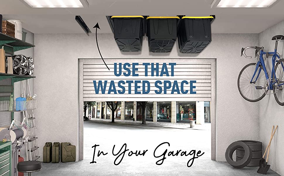 Adjustable Garage Container Storage System with Single Tier Overhead Storage Bins Rack