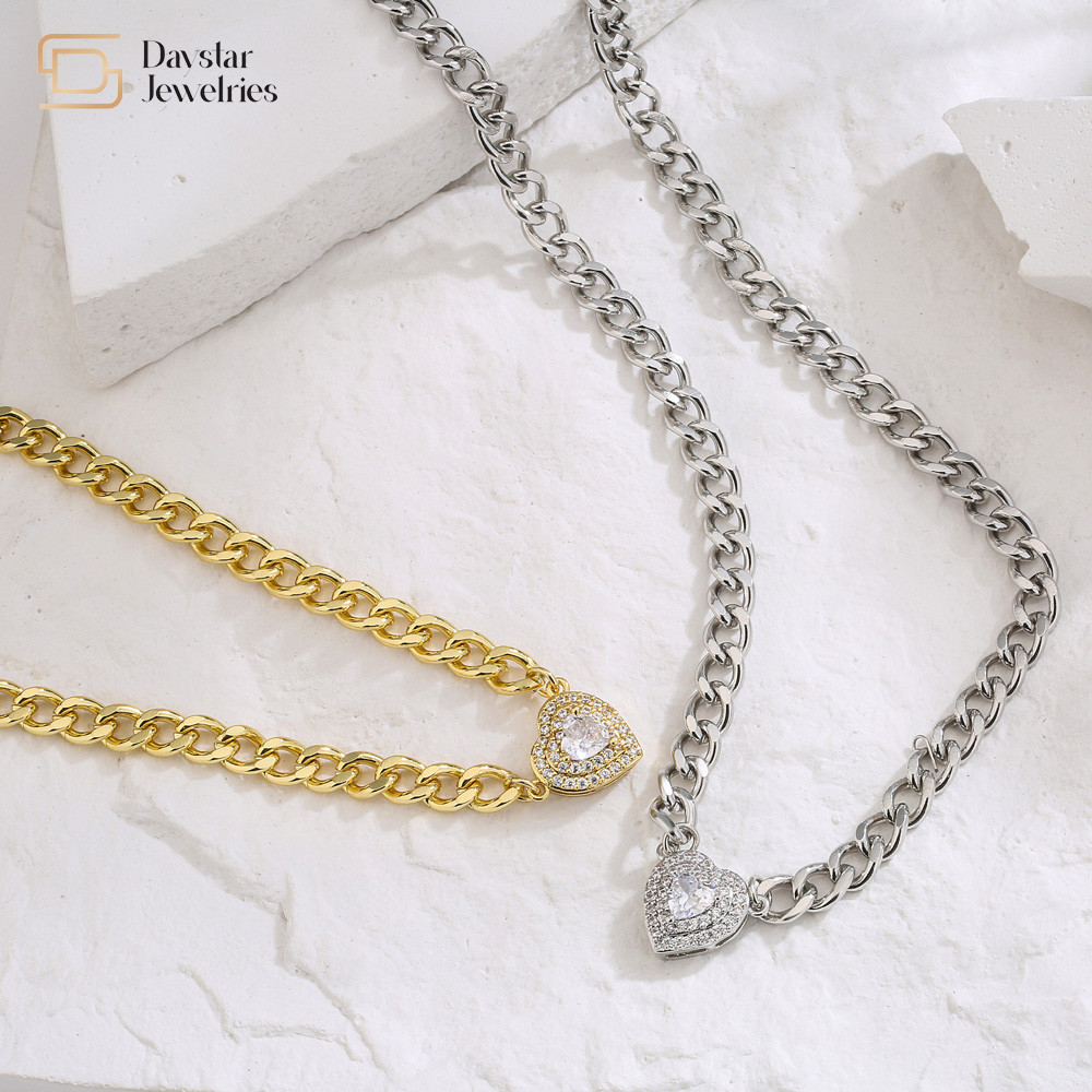 Love Diamond Zircon Charm Heart Pendant Necklace Stainless Steel Cuban Link Chain