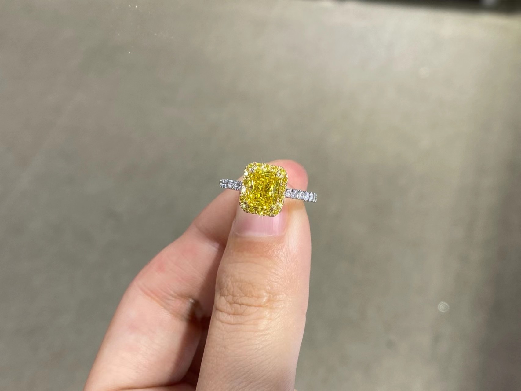 1.1ct Radiant Shape Fancy Vivid Yellow Lab Created Diamond Ring 18K Gold Set