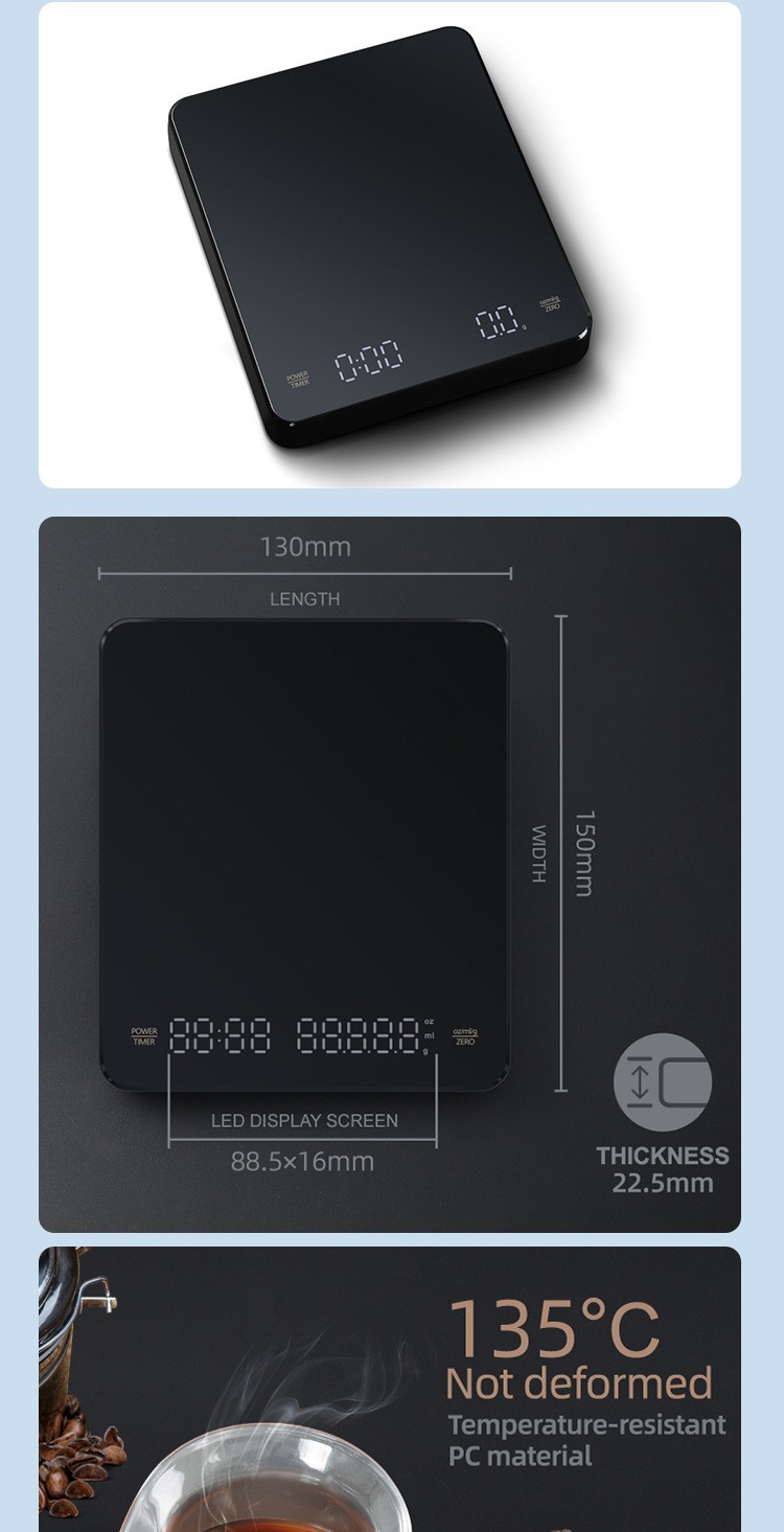 Easy to LED Electronic Coffee Scale 1-3000g Capacity 250mAh Battery Minimalist Design