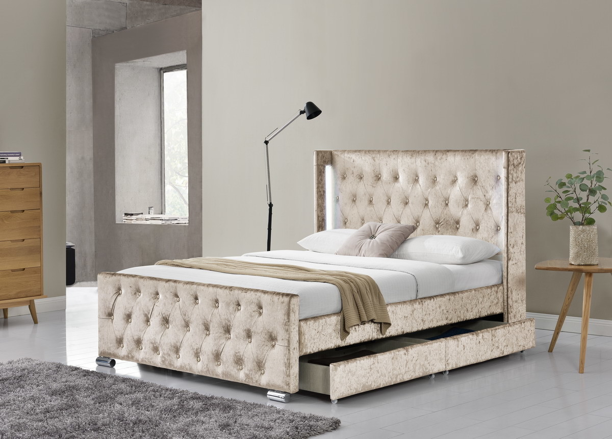 LED Fabric Queen Size Upholstered Platform Bed Frame With 4 Drawers