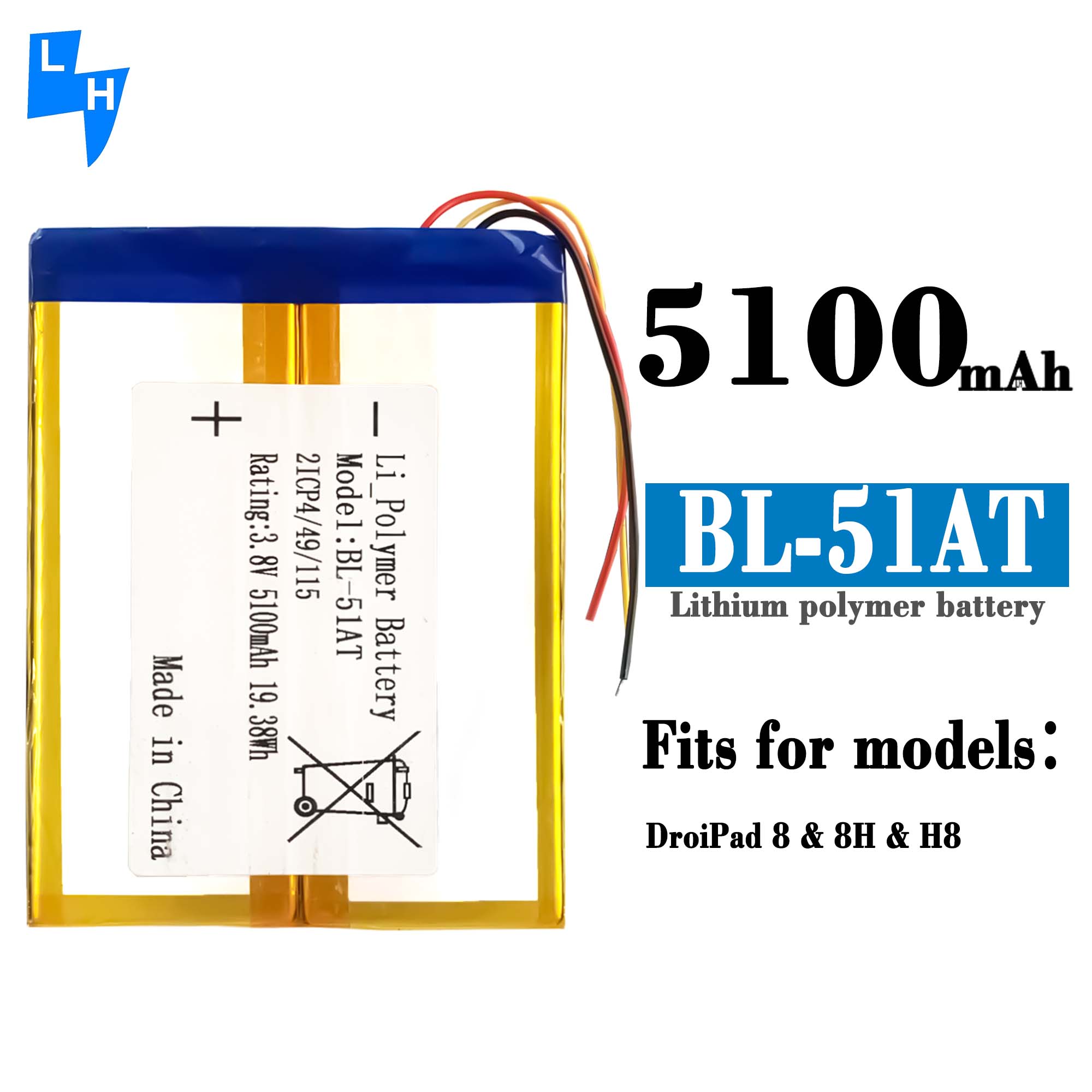 Stock BL-51AT Mobile Phone Batteries for Tecno H8 8H Dioipad 8 3.8V 5100mAh Devices