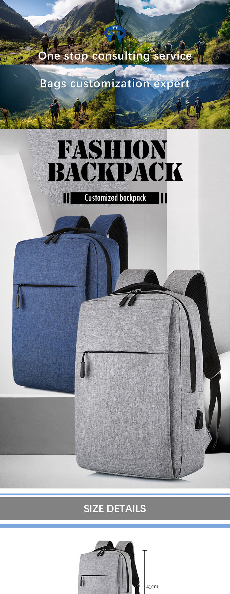 Antitheft Mens Travel Computer Backpack Waterproof Office Backpack With USB Charging Port