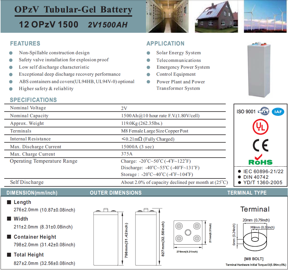 Opzv Tubular Gel Vrla Battery 1500ah 2v For Solar Panel Battery System