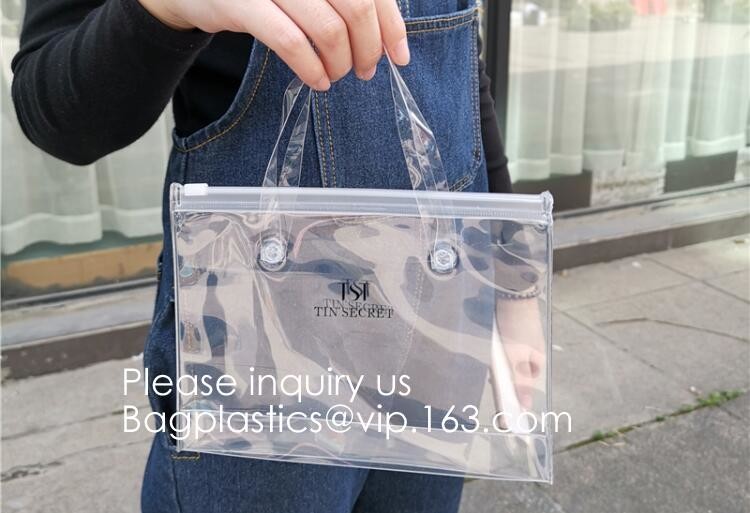 Waterproof All Over Printing PVC Coating Tote Shoulder Fabric Shopping Bag With Gusset And Lining,Jelly Clear Plastic PV