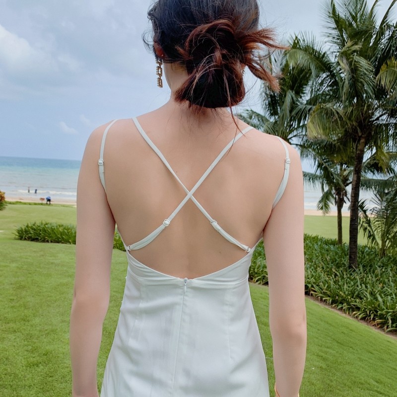 White Split Suspender Long Womens Vacation Dresses Sexy Halter Low Cut V Neck