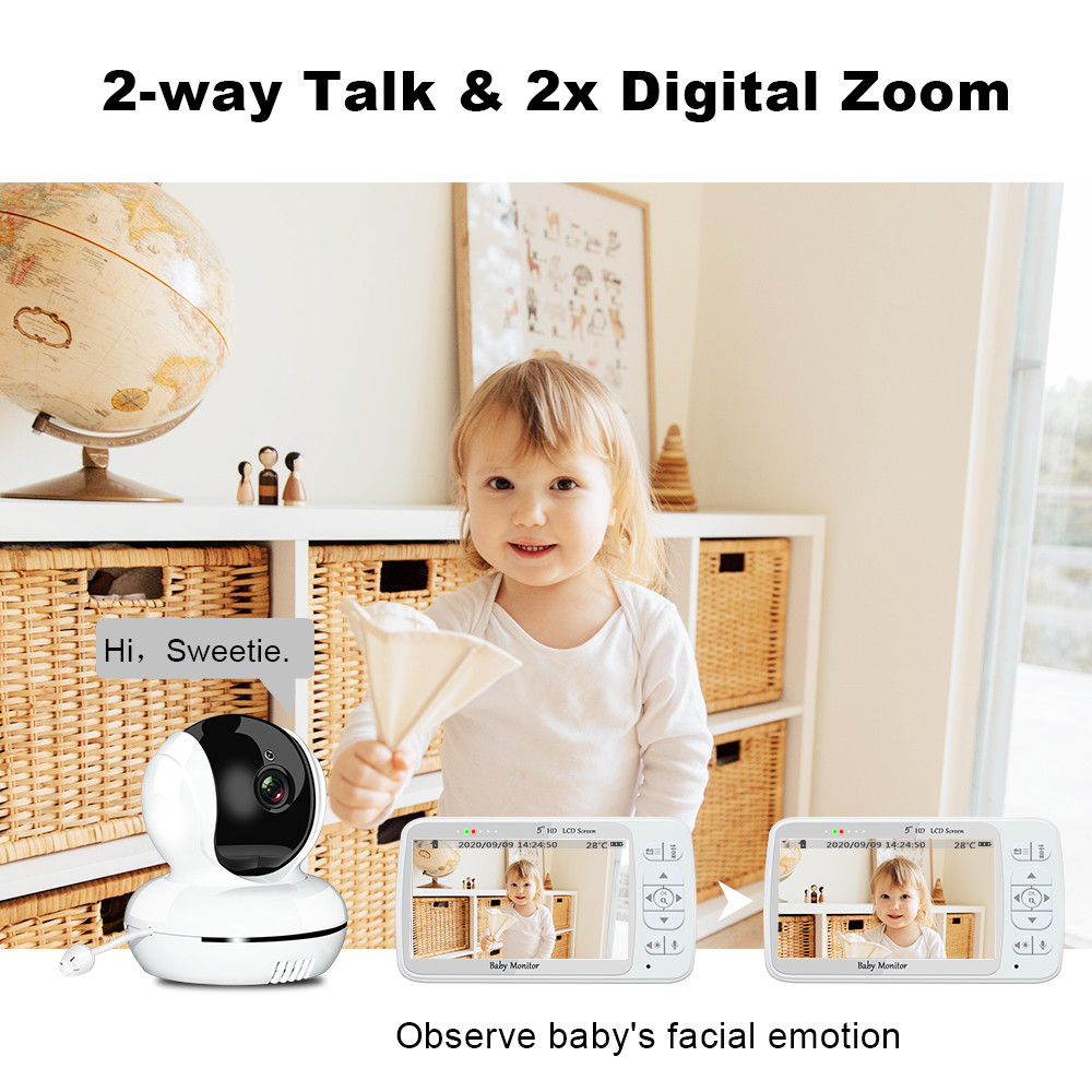 Voice Control Wireless Baby Monitor Two Way Speaker High Resolution 5inch Display