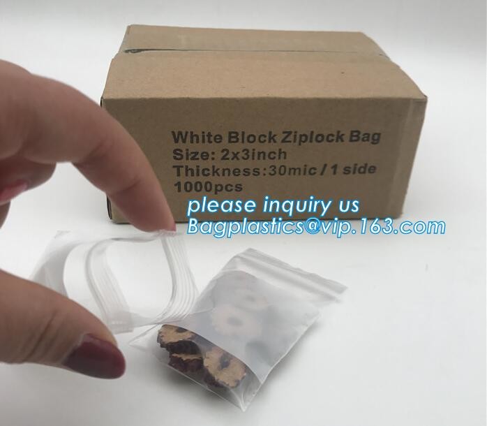 white block zip lock bags, bag with white panel, three white block, handwrite white block, red line grip bags, grip zipp