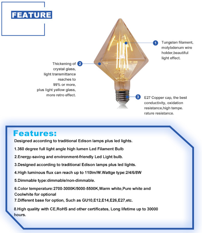 D95 E27 filament bulb amber Diamond edison LED Filament Bulbs 220-240V 8W led bulb